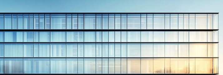 Fototapeta premium Modern office building with glass facade and blue sky background. Panoramic banner