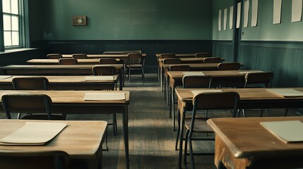 Fototapeta premium Empty Modern Classroom In the School Interior, Back to School Concept Book, Chair, table 3D Render.