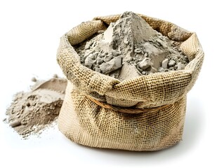 Obraz premium A burlap sack filled with fine gray powder, commonly used in construction, resting on a white surface