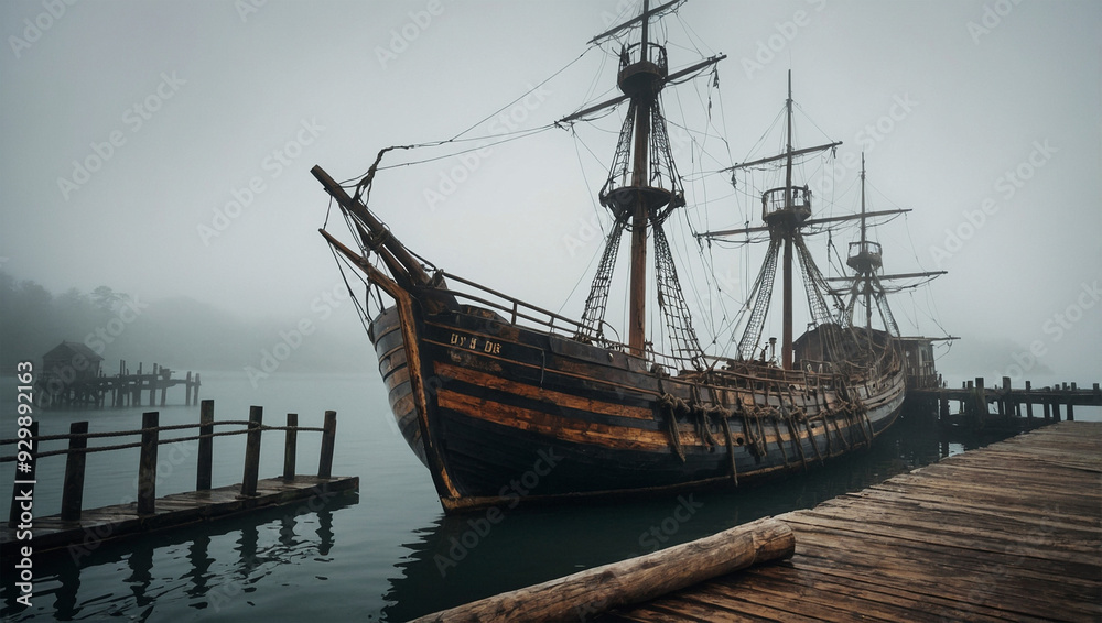 Wall mural vintage wooden ship docked at an old pier, with ropes and barrels around, set against a foggy backdr