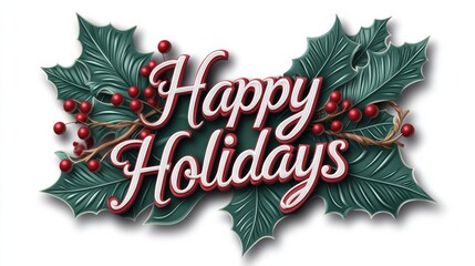 A happy holidays sign with holly leaves and berries, AI