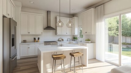 Fototapeta premium Modern Kitchen Design with Island and Patio View