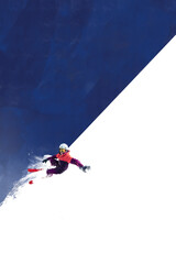 Focused woman in sportswear, snowboarding against abstract blue white background. Adrenaline and...