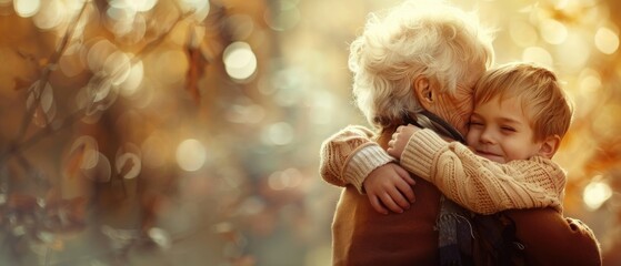 Grandmother and Grandson Embracing in Autumn.