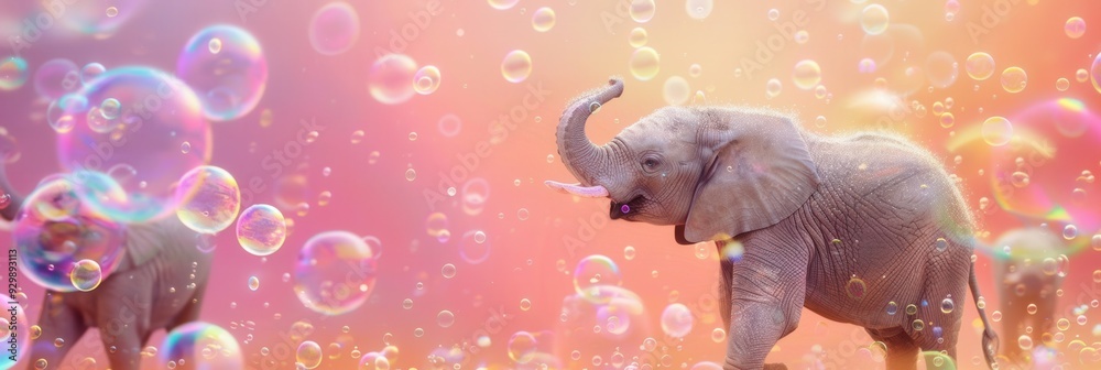 Poster Two elephants stroll through a vibrant landscape filled with floating bubbles, creating a joyful and enchanting atmosphere. Generative AI