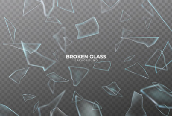 Broken glass shatter and piece. Realistic vector illustration set of explode mirror shard fragment. flying transparent sharp debris elements of smithereens beaten crystal or ice on dark background.