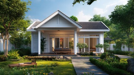 A white cottage with a large porch and a stone pathway leading to a lush garden.