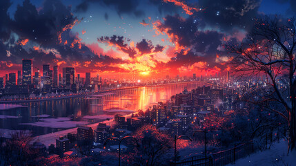 Cityscape with a Red Sunset and Snowy Landscape