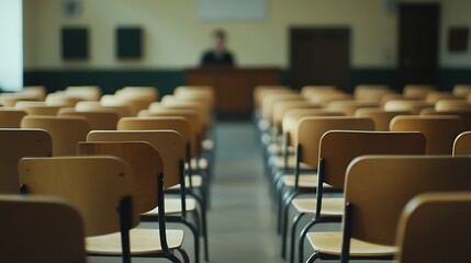 Empty Modern Classroom In the School Interior, Back to School Concept Book, Chair, table 3D Render.