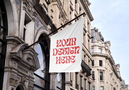 Mockup Of Customizable Flag Sign On Building