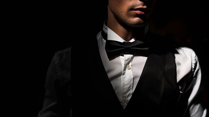 Close-up of a man wearing a formal suit with a bow tie, emphasizing elegance and style