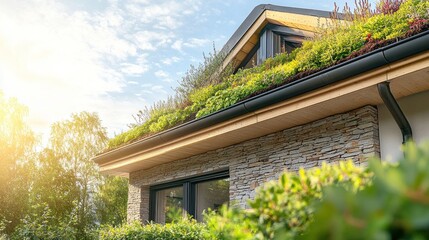 Green roof on modern home with stone wall and window.