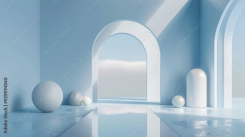 Poster a serene blue backdrop showcases a minimalist stage design with smooth geometric shapes and soft lig