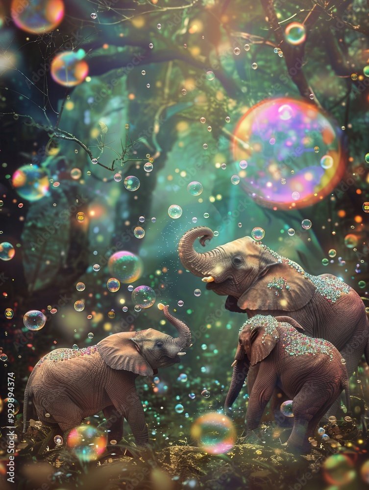 Poster elephants happily interact amidst vibrant, floating bubbles in a fantastical forest filled with ench