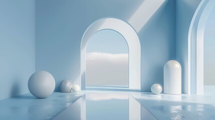 A serene blue backdrop showcases a minimalist stage design with smooth geometric shapes and soft lighting enhancing the atmosphere