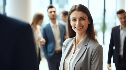 A young businesswoman stands in the foreground, smiling and looking at the camera while talking to other people standing around her in an office with large windows. 