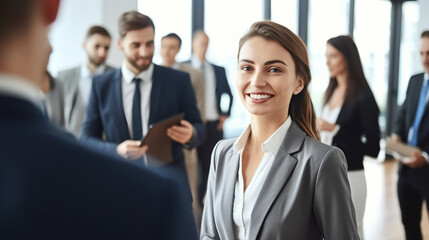 Fototapeta premium A young businesswoman stands in the foreground, smiling and looking at the camera while talking to other people standing around her in an office with large windows. 