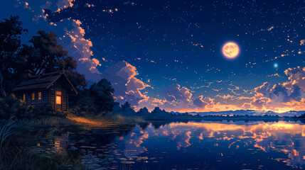 Naklejka premium A Cabin by the Lake Under a Starry Sky with a Full Moon