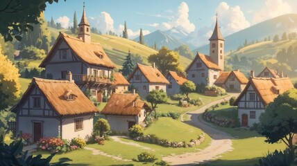 A village on a hillside with a small path connecting several houses.