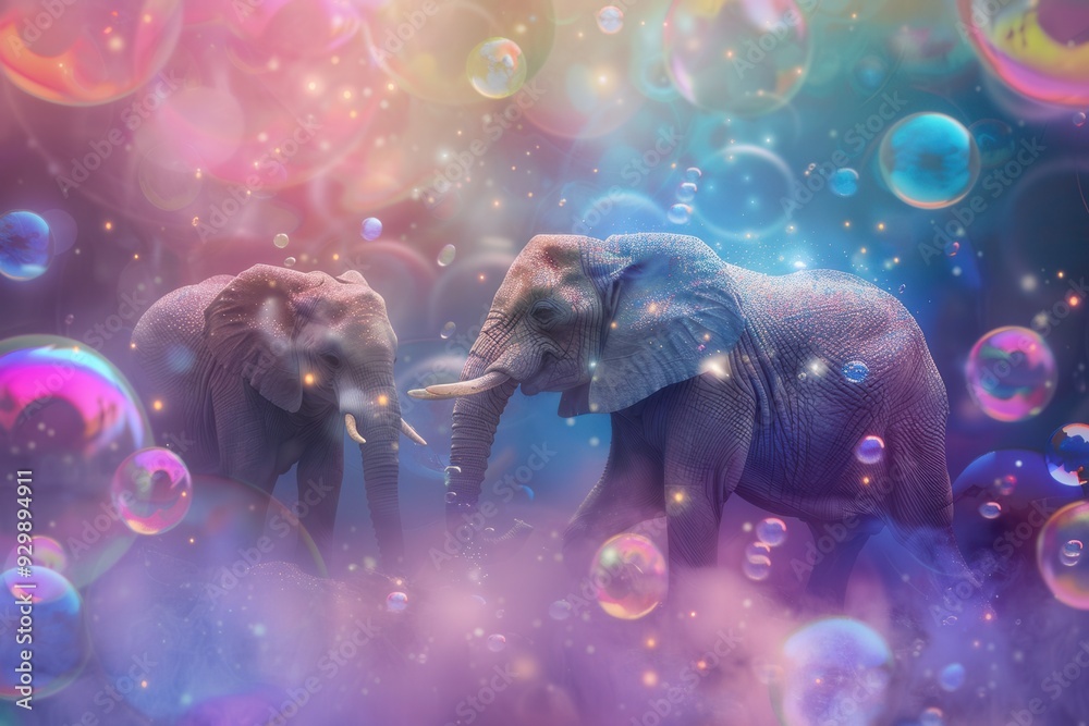 Aufkleber Elephants play joyfully as colorful bubbles float around them in a magical, pastel-hued environment. Generative AI