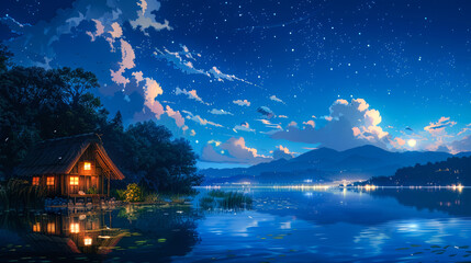 Illuminated Cabin on a Starry Night Over a Still Lake