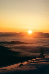 Sunset in the mountains. Film photo 