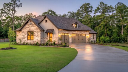 Fototapeta premium A modern brick home with a two-car garage and a long driveway with green grass.