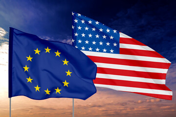 Flags of European Union and USA against sky. Diplomatic international relations