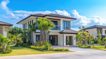 Modern two-story house with a lush green lawn and palm trees under a blue sky.