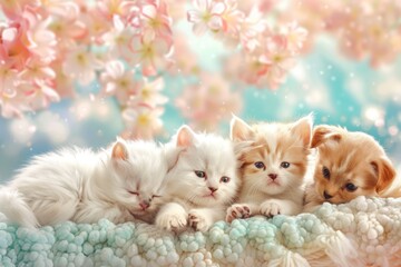Cute Kittens and Puppy Posing Against a Floral Background