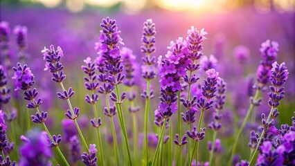 Naklejka premium Vibrant violet lavender flowers bloom in a lush field, showcasing delicate purple petals and soft green stems against a serene natural background.