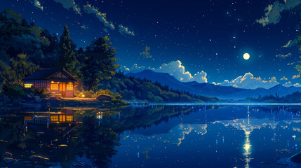 Obraz premium A Cabin by a Lake Under a Starry Night Sky