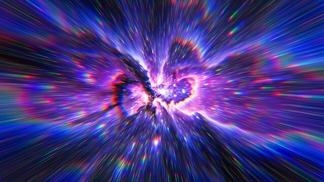 Flight to the stars at the speed of light. Portal for hyperspace jump. Colorful glowing cosmic background. Hyper Speed teleport. Time warp. Space traveling. Explosion in universe. Big bang. 3d render