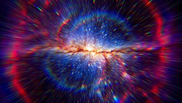 Flight to the galaxy at the speed of light. Portal for hyperspace jump. Colorful glowing cosmic background. Hyper Speed teleport. Time warp. Space traveling. Explosion in universe. Big bang. 3d render