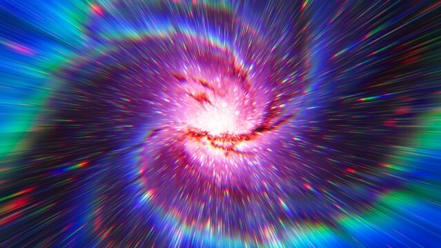 Flight to the stars at the speed of light. Portal for hyperspace jump. Colorful glowing cosmic background. Hyper Speed teleport. Time warp. Space traveling. Explosion in universe. Big bang. 3d render