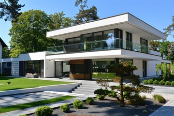 Modern Architecture House with Green Lawn and Trees.