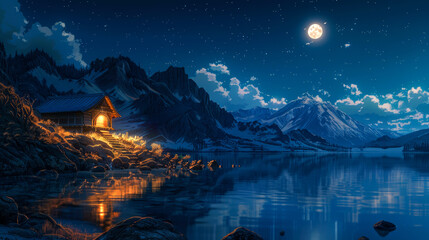 A Cabin on a Mountain Lake Under a Starry Night Sky