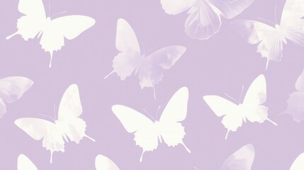 A pastel purple background featuring various white butterflies in a delicate pattern.