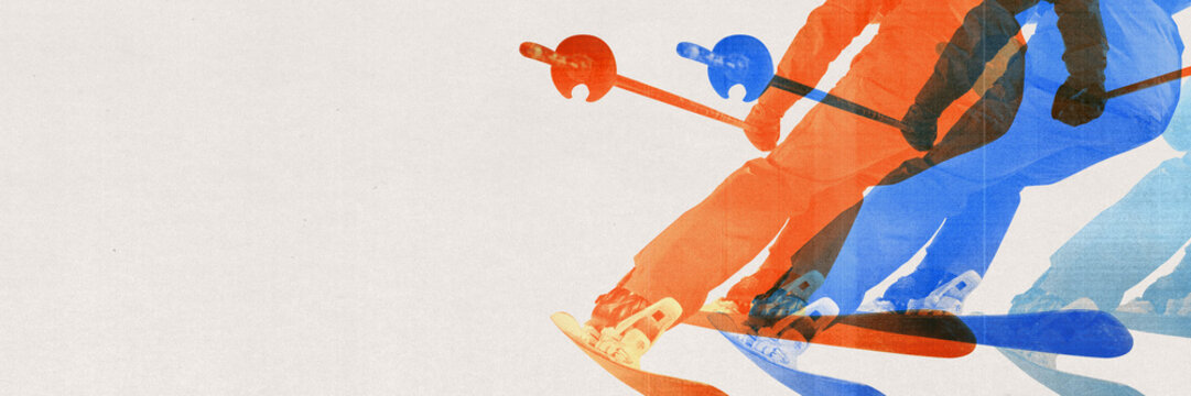 Minimalistic style, energy of downhill skiing. Silhouette of skier in motion creating dynamic rhythm. Contemporary art collage. Concept of winter sport, active lifestyle, competition. Banner