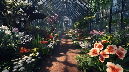 Obraz premium A Brick Path Through a Greenhouse Filled with Flowers