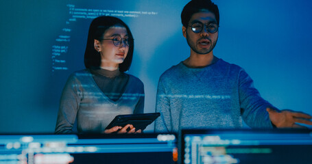 Group adult Asia male female software developers mentor leader manager talk strategy plan to...