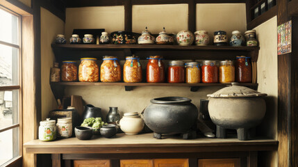 Korean kitchen with kimchi jars and a traditional stone pot