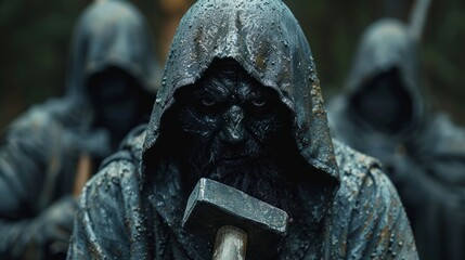 A hooded man with a grim expression, holding a sledgehammer and dressed in ancient attire, presents a formidable picture of readiness for battle.
