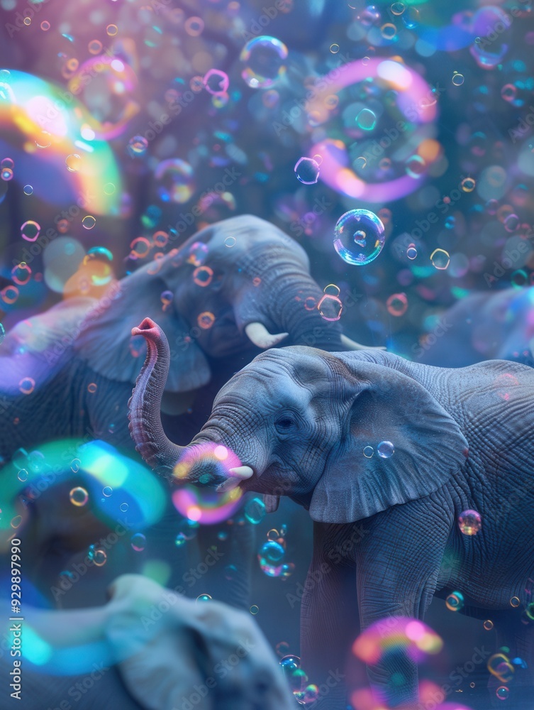 Poster A group of elephants frolics joyfully as colorful bubbles float around them in a magical, enchanting atmosphere. Generative AI