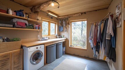 Rustic laundry room with a white washing machine, wooden shelves, and a window with a view of trees.