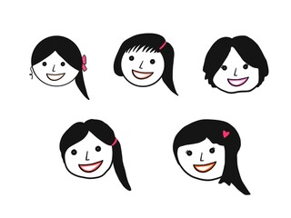 Hand drawn cartoon illustration of 5 female faces, black hair, smiling face, cartoon illustration on white background.