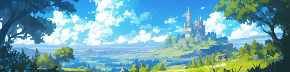 Fototapeta premium Whimsical Anime-Inspired Mountain Landscape: Creative Abstract Design in Brown and Pink Hues. Captivating UI Decoration for Web Marketing Posters and 4K Wallpapers. Artistic Background Illustration fo