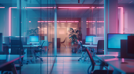 Modern office workspace with neon lighting. rows of desks & chairs with computer monitors, surrounded by glass walls. sleek minimalist design.
