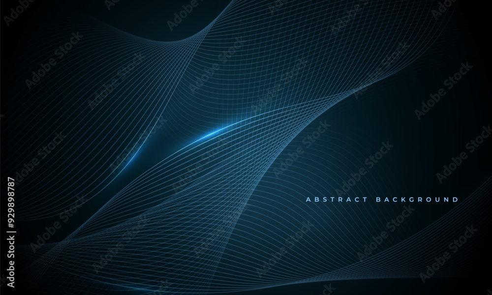Poster Glowing blue wavy lines on abstract technology dark blue background. Digital hi-tech vector illustration with striped wave lines