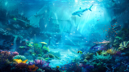 Underwater Scene with Shark, Coral Reef, and Sunbeams